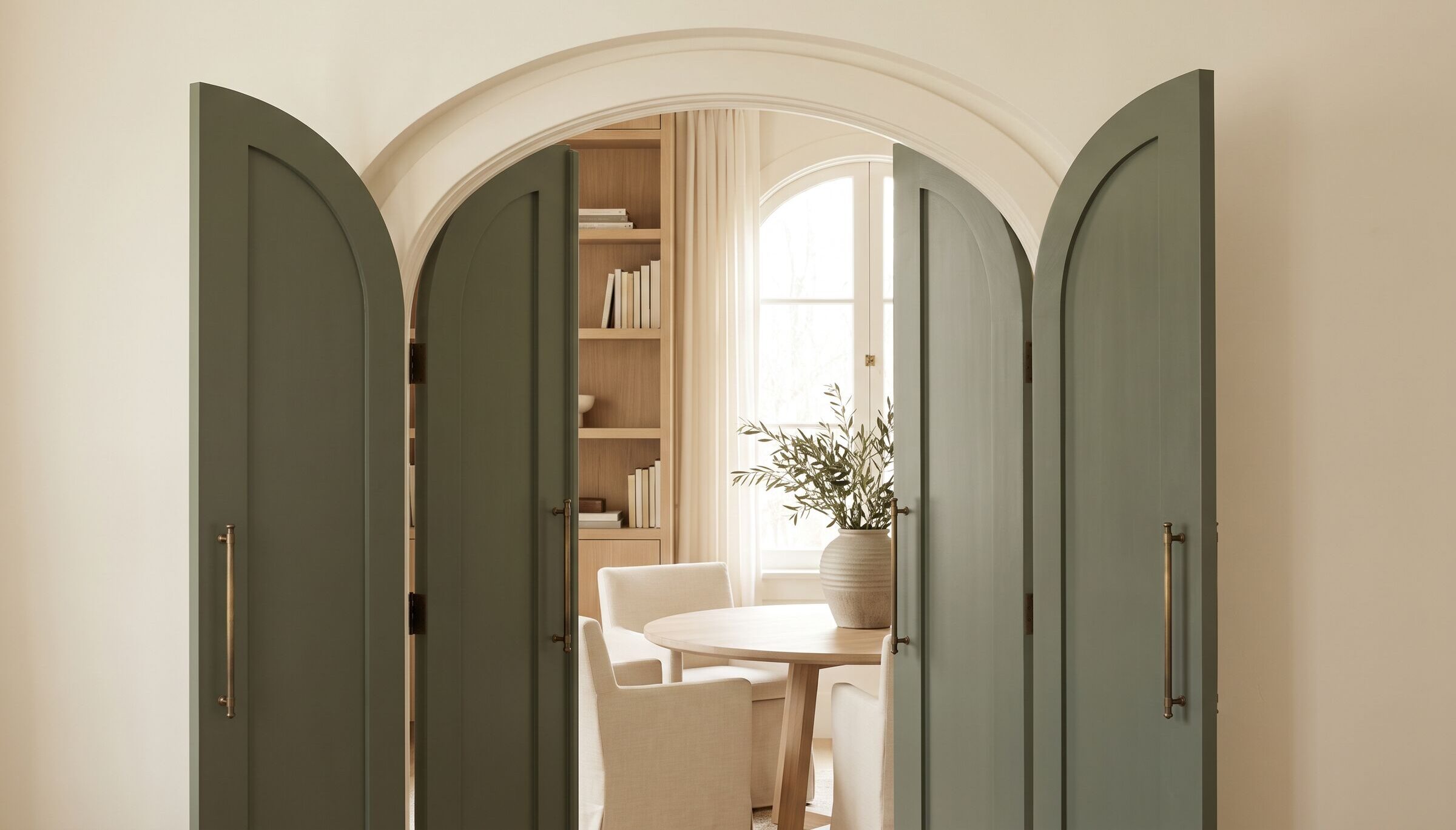 Ein Rundbogen aus cremefarbenem Putz mit geöffneten salbeigrünen Flügeltüren; dahinter ein heller Raum mit Bücherregal, rundem Tisch und einem Olivenzweig in einer Vase.